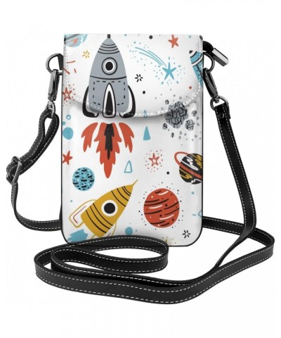 Cartoon Rockets Planets Stars Comets and UFO Small Crossbody Bags for Women Trendy Crossbody Bag Leather Cell Phone Shoulder ...