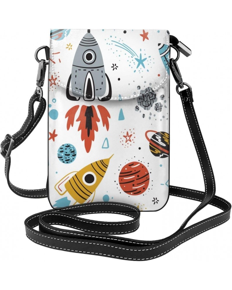 Cartoon Rockets Planets Stars Comets and UFO Small Crossbody Bags for Women Trendy Crossbody Bag Leather Cell Phone Shoulder ...