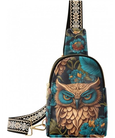 Women's Sling Bag Mysterious Owl in Forest Print with Adjustable Strap Zipper Closure, PU Leather Water Resistant Crossbody B...