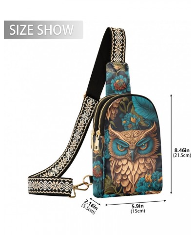 Women's Sling Bag Mysterious Owl in Forest Print with Adjustable Strap Zipper Closure, PU Leather Water Resistant Crossbody B...