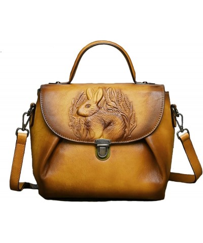 Genuine Leather Crossbody Handbags For Women Top Handmade Vintage Bunny Embossed Leather Handle Bags Hobo Bag Yellow $63.21 H...