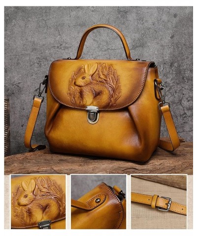 Genuine Leather Crossbody Handbags For Women Top Handmade Vintage Bunny Embossed Leather Handle Bags Hobo Bag Yellow $63.21 H...