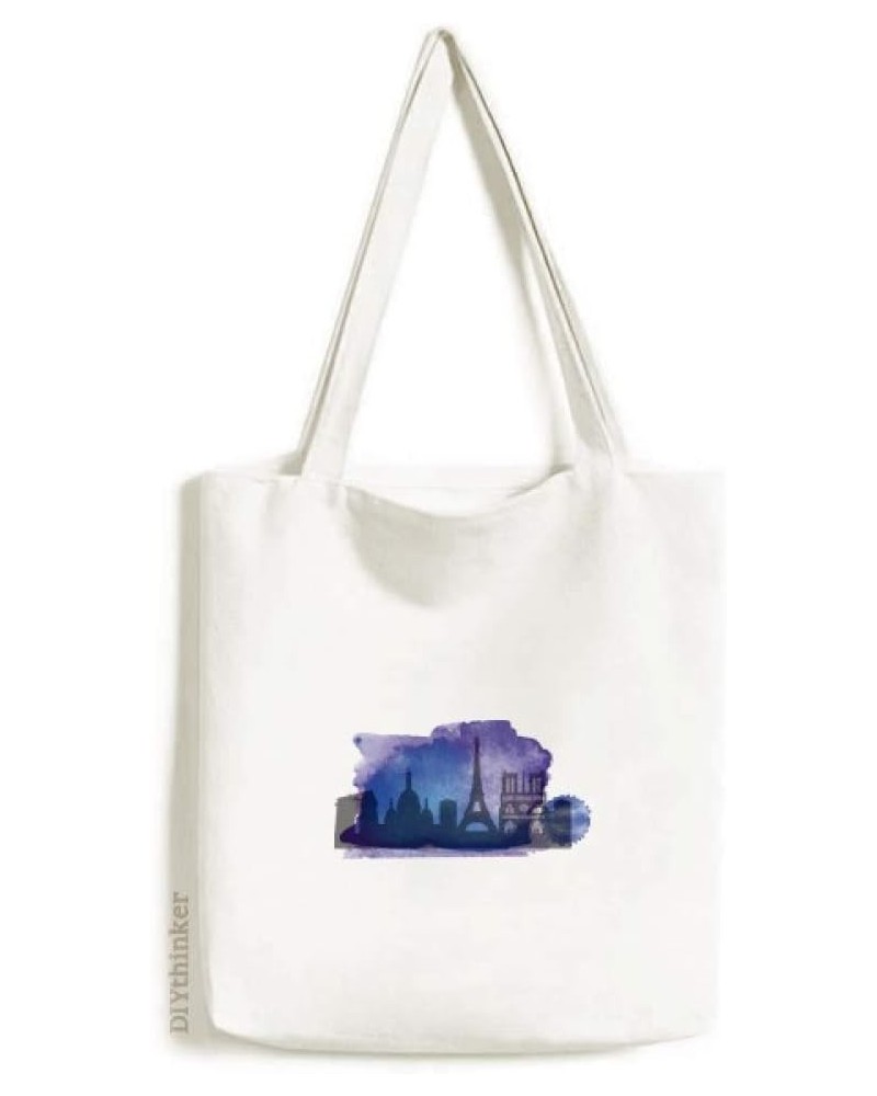 France Paris Eiffel Tower Blue Watercolor Tote Canvas Bag Shopping Satchel Casual Handbag $17.35 Totes