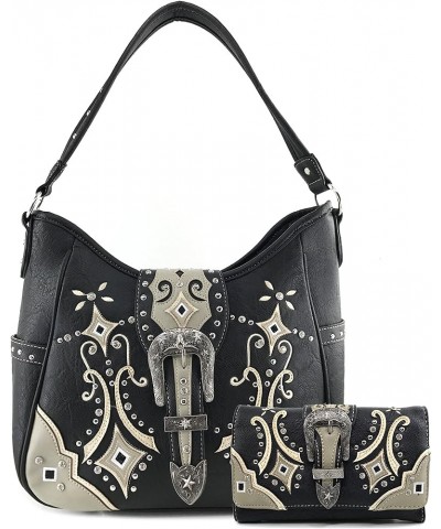 Western Floral Embroidery Studs Bling Rhinestone Buckle Shoulder Concealed Carry Handbag Purse Black Tote and Wallet $29.62 S...