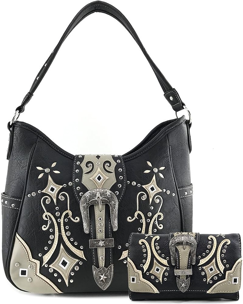 Western Floral Embroidery Studs Bling Rhinestone Buckle Shoulder Concealed Carry Handbag Purse Black Tote and Wallet $29.62 S...