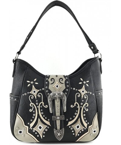 Western Floral Embroidery Studs Bling Rhinestone Buckle Shoulder Concealed Carry Handbag Purse Black Tote and Wallet $29.62 S...