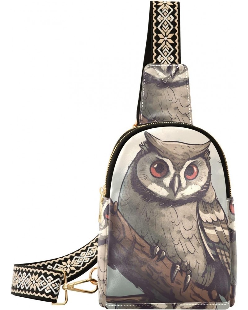 Anime Owl Print Women Sling Bag with Adjustable Strap Zipper Closure, PU Leather Water Resistant Crossbody Bag Purse Chest Ba...