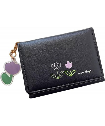 Slide Wallet Fashion Women ID Short Wallet Flowers Prints Bag Hasp Purse Multiple Card Slots Clutch (Black, One Size) Black O...