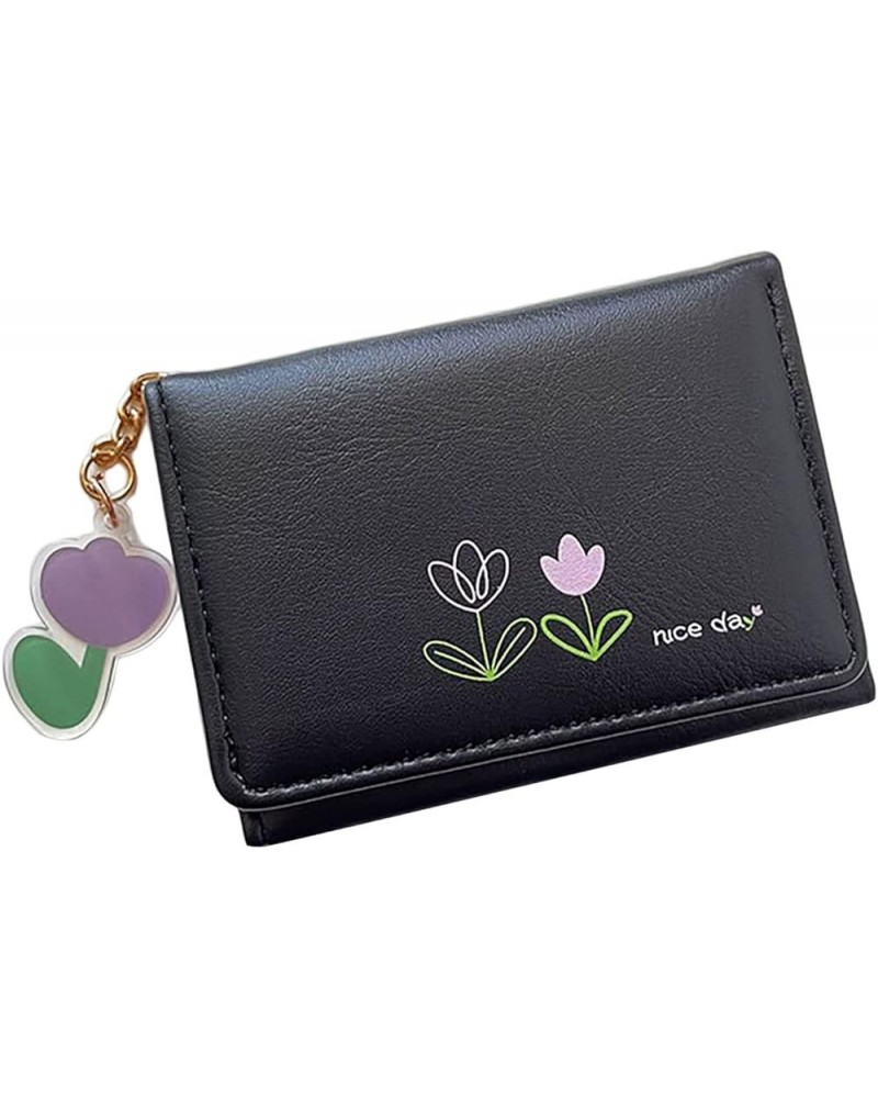 Slide Wallet Fashion Women ID Short Wallet Flowers Prints Bag Hasp Purse Multiple Card Slots Clutch (Black, One Size) Black O...