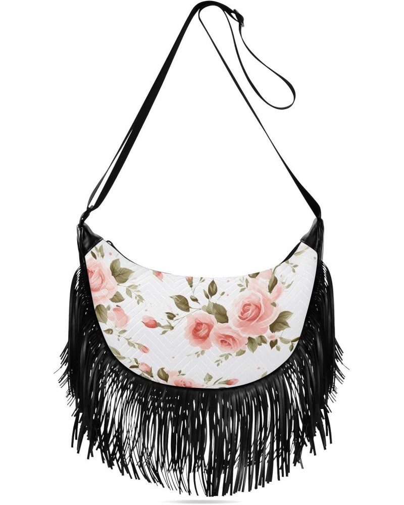 Vintage Pink Roses Tassel Crossbody Handbags for Women Ample Capacity Shoulder Bag with Adjustable Strap Durable Travel Bag f...