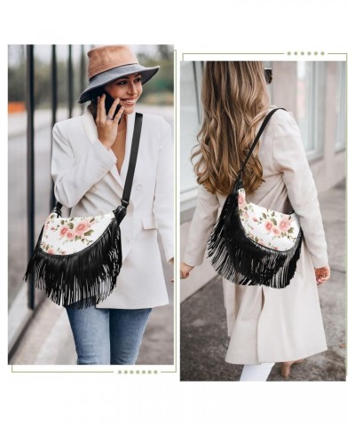 Vintage Pink Roses Tassel Crossbody Handbags for Women Ample Capacity Shoulder Bag with Adjustable Strap Durable Travel Bag f...