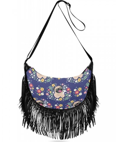 Cute Pug Dog and Flowers Crossbody Bag for Women Fringe Shoulder Bag with Adjustable Strap $14.30 Crossbody Bags