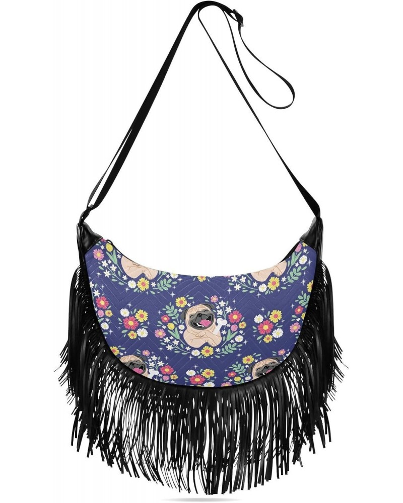 Cute Pug Dog and Flowers Crossbody Bag for Women Fringe Shoulder Bag with Adjustable Strap $14.30 Crossbody Bags