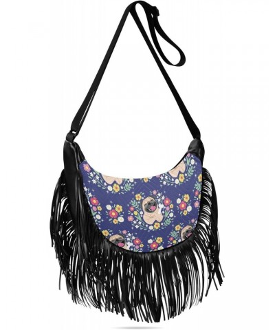 Cute Pug Dog and Flowers Crossbody Bag for Women Fringe Shoulder Bag with Adjustable Strap $14.30 Crossbody Bags