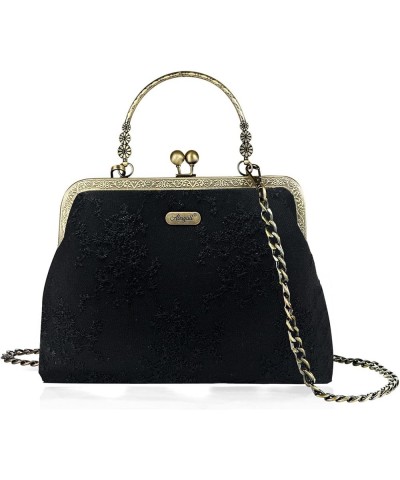 Floral Top Handle Handbag Chain Strap Women Kiss Lock Canvas Frame Shoulder Bag Black-lace $25.19 Shoulder Bags