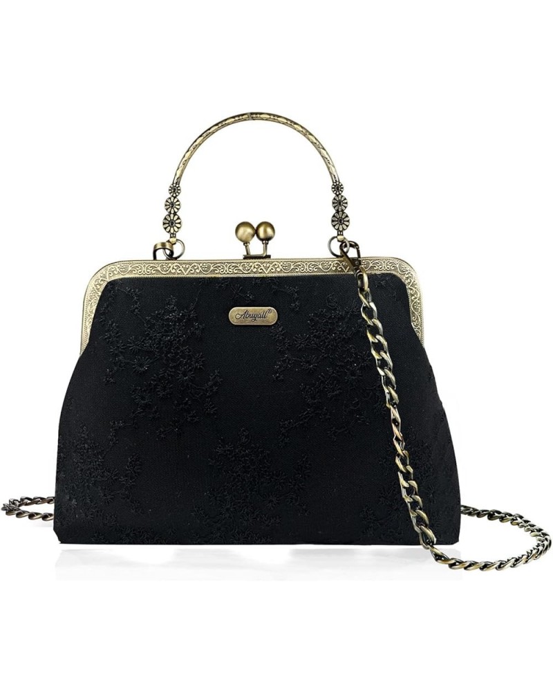 Floral Top Handle Handbag Chain Strap Women Kiss Lock Canvas Frame Shoulder Bag Black-lace $25.19 Shoulder Bags