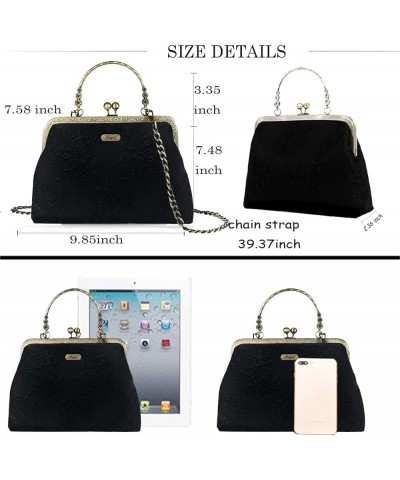 Floral Top Handle Handbag Chain Strap Women Kiss Lock Canvas Frame Shoulder Bag Black-lace $25.19 Shoulder Bags