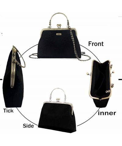 Floral Top Handle Handbag Chain Strap Women Kiss Lock Canvas Frame Shoulder Bag Black-lace $25.19 Shoulder Bags