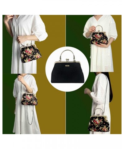 Floral Top Handle Handbag Chain Strap Women Kiss Lock Canvas Frame Shoulder Bag Black-lace $25.19 Shoulder Bags