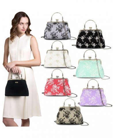 Floral Top Handle Handbag Chain Strap Women Kiss Lock Canvas Frame Shoulder Bag Black-lace $25.19 Shoulder Bags