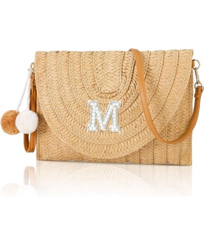 Initial Bags for Women Beach Straw Shoulder Bag Summer Handbag Purse for Birthday Bachelorette Gift Letter M $8.83 Clutches