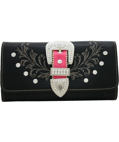 Western Women Trifold Wallet Rhinestone Bling Buckle Black/Fuchsia $12.53 Wallets