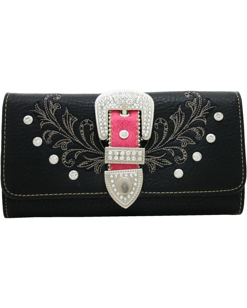 Western Women Trifold Wallet Rhinestone Bling Buckle Black/Fuchsia $12.53 Wallets