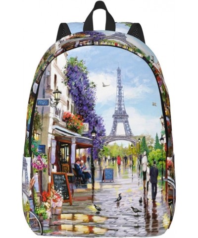 Paris Street Scene Eiffel Tower Print Unisex Canvas Backpack Cute Backpack For Travel Sports Casual Aesthetic Backpack Black ...