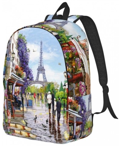 Paris Street Scene Eiffel Tower Print Unisex Canvas Backpack Cute Backpack For Travel Sports Casual Aesthetic Backpack Black ...