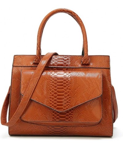 Women's Retro Oil Wax Leather Snake Print Large Capacity One-shoulder Diagonal Bag (red) Brown $38.85 Totes