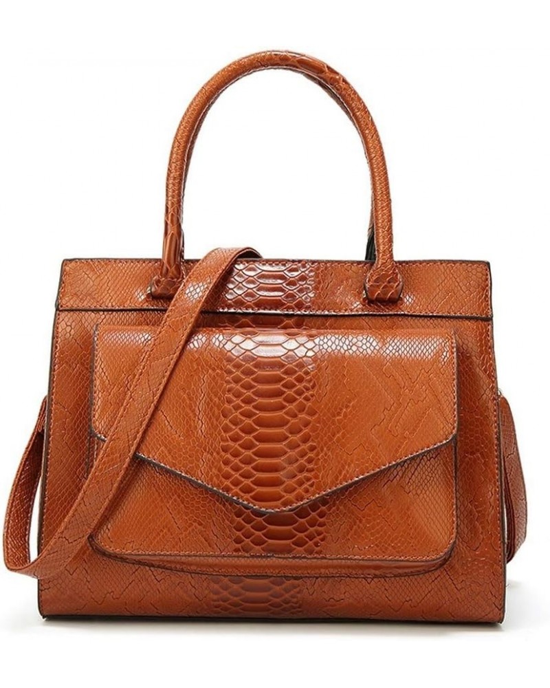 Women's Retro Oil Wax Leather Snake Print Large Capacity One-shoulder Diagonal Bag (red) Brown $38.85 Totes