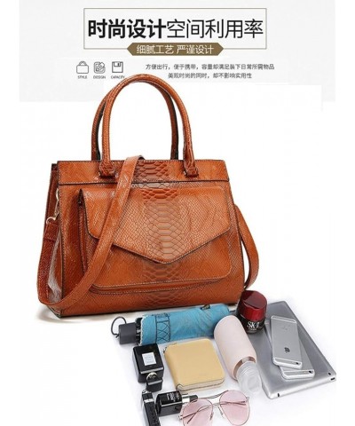 Women's Retro Oil Wax Leather Snake Print Large Capacity One-shoulder Diagonal Bag (red) Brown $38.85 Totes