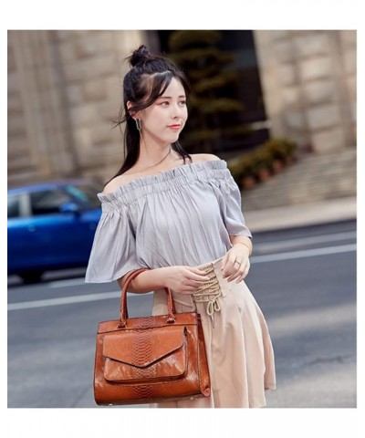 Women's Retro Oil Wax Leather Snake Print Large Capacity One-shoulder Diagonal Bag (red) Brown $38.85 Totes