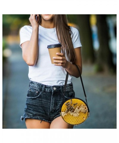 Honey Honeycomb Pattern Yellow Crossbody Bag for Women Teen Girls Round Canvas Shoulder Bag Purse Tote Handbag Bag Multi10 $1...