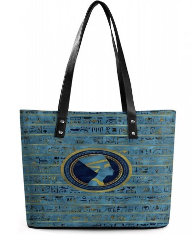 Gold Blue Egyptian Egypt Hieroglyphs Women Tote Bags Top Handle Satchel Handbags Faux Leather Tassel Shoulder Purse $18.69 Totes