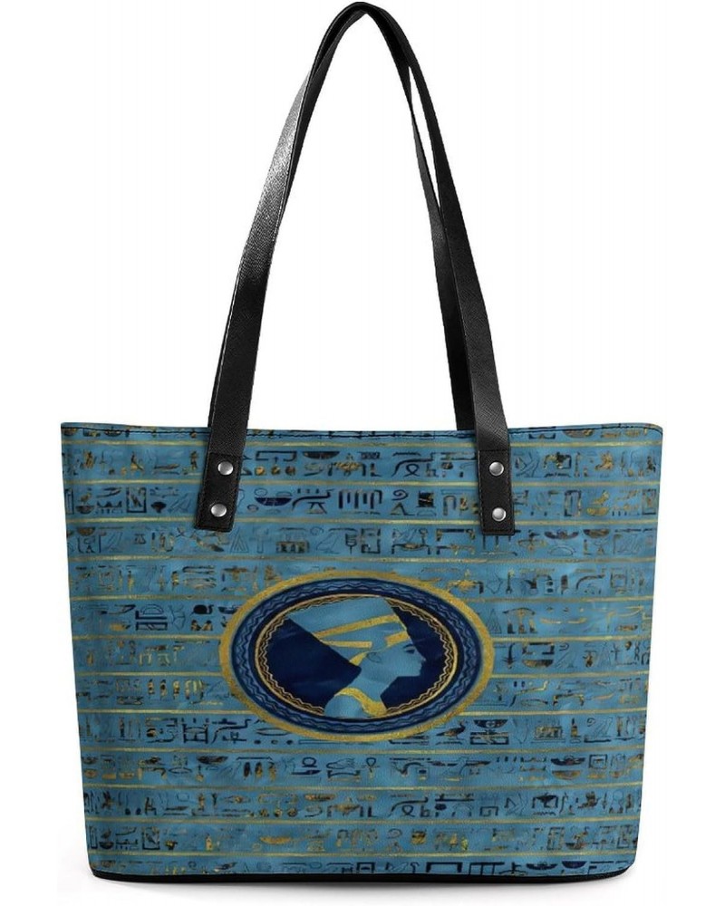 Gold Blue Egyptian Egypt Hieroglyphs Women Tote Bags Top Handle Satchel Handbags Faux Leather Tassel Shoulder Purse $18.69 Totes