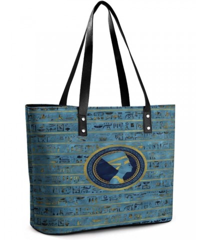 Gold Blue Egyptian Egypt Hieroglyphs Women Tote Bags Top Handle Satchel Handbags Faux Leather Tassel Shoulder Purse $18.69 Totes