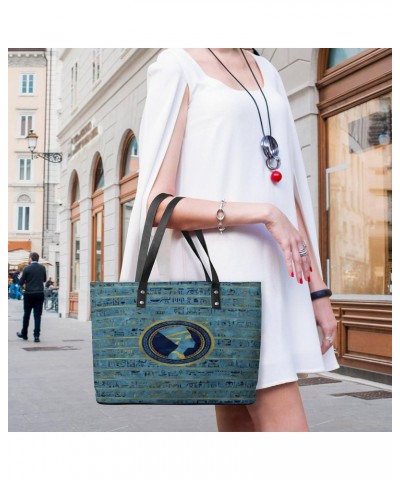 Gold Blue Egyptian Egypt Hieroglyphs Women Tote Bags Top Handle Satchel Handbags Faux Leather Tassel Shoulder Purse $18.69 Totes