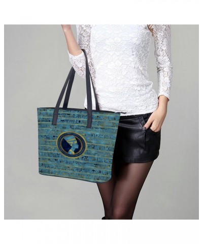 Gold Blue Egyptian Egypt Hieroglyphs Women Tote Bags Top Handle Satchel Handbags Faux Leather Tassel Shoulder Purse $18.69 Totes