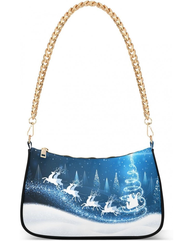 Christmas Tree Elk and Snow Blue Shoulder Handbags for Women Travel Hobo Tote Handbag Women Gold Chain Shoulder Bags Purse wi...