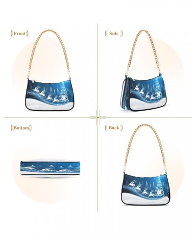 Christmas Tree Elk and Snow Blue Shoulder Handbags for Women Travel Hobo Tote Handbag Women Gold Chain Shoulder Bags Purse wi...