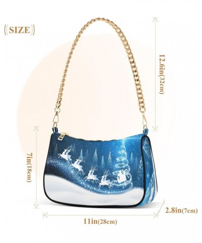 Christmas Tree Elk and Snow Blue Shoulder Handbags for Women Travel Hobo Tote Handbag Women Gold Chain Shoulder Bags Purse wi...