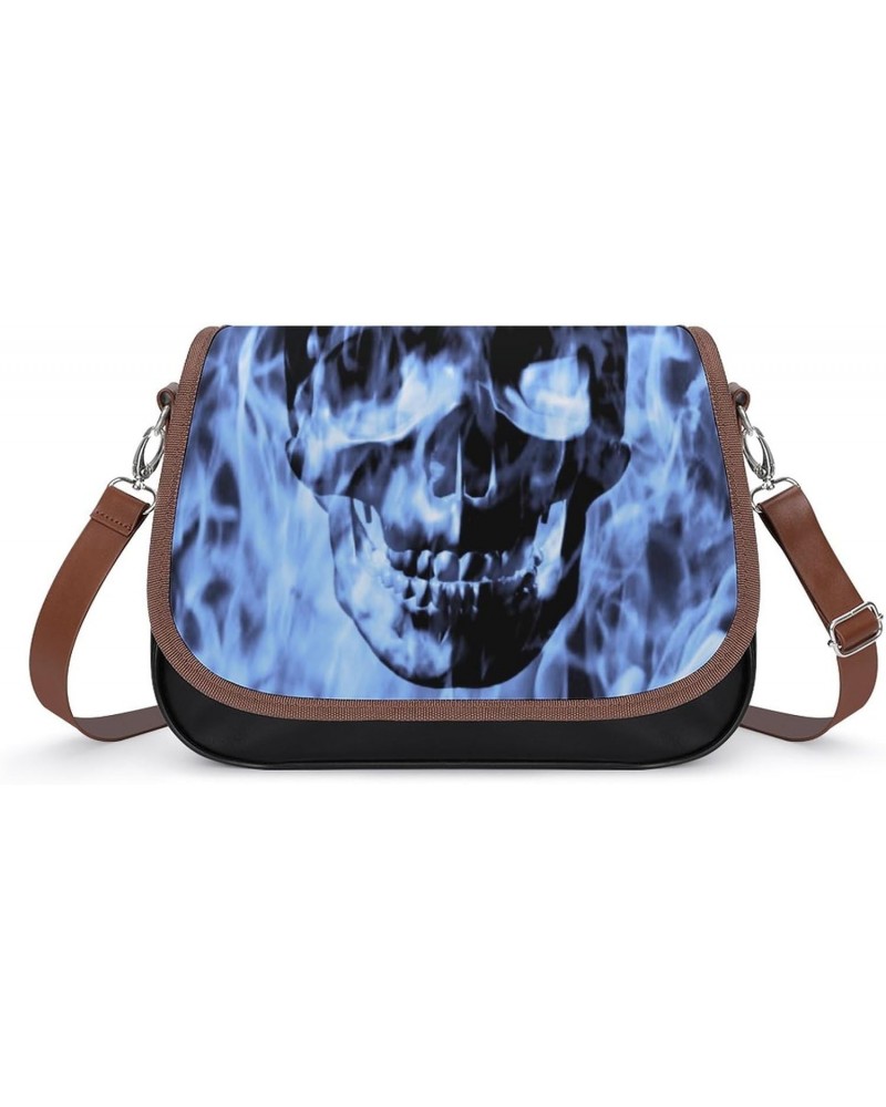 Skull Blue Fire Women's Crossbody Bag PU Messenger Bag Shoulder Handbag Pocket Purse for Travel Office $24.59 Shoulder Bags