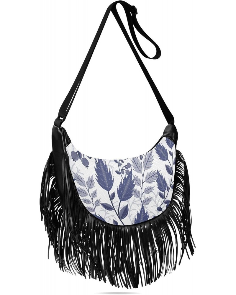 Blue Winter Floral Fringe Bag for Women Cross Body Bag Tassel Shoulder Bag Satchel $14.84 Crossbody Bags