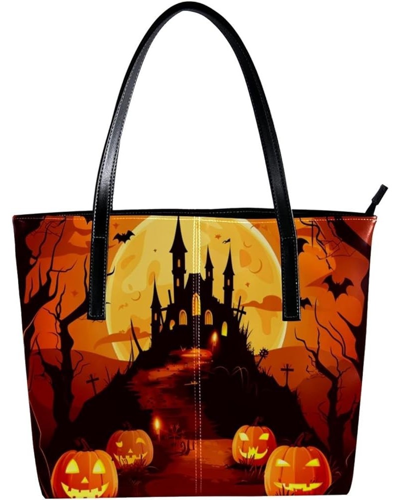 Tote Bag for Women, Large Tote Bags for Women, Tote Bag with Zipper, Halloween Pumpkin Bat Cartoon, Womens Tote Bag Design 10...