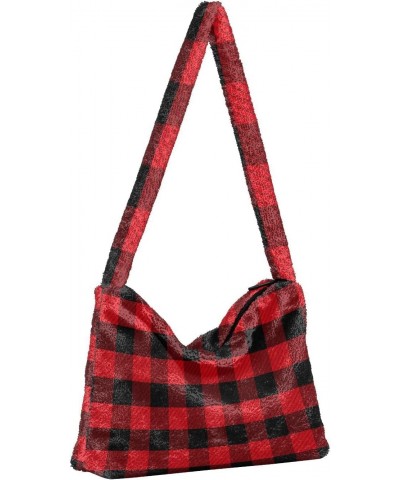 Women Boho Handbag Tartan Checker Plaid Red Black Underarm Bag Tote Bag Shoulder Bag Crossbody Bag Fluffy Cell Phone Purse La...