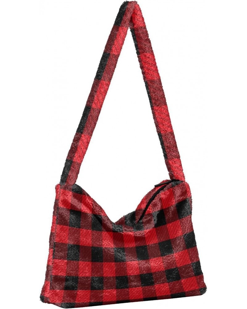 Women Boho Handbag Tartan Checker Plaid Red Black Underarm Bag Tote Bag Shoulder Bag Crossbody Bag Fluffy Cell Phone Purse La...