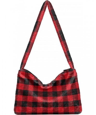 Women Boho Handbag Tartan Checker Plaid Red Black Underarm Bag Tote Bag Shoulder Bag Crossbody Bag Fluffy Cell Phone Purse La...