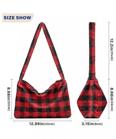 Women Boho Handbag Tartan Checker Plaid Red Black Underarm Bag Tote Bag Shoulder Bag Crossbody Bag Fluffy Cell Phone Purse La...