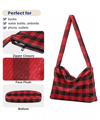 Women Boho Handbag Tartan Checker Plaid Red Black Underarm Bag Tote Bag Shoulder Bag Crossbody Bag Fluffy Cell Phone Purse La...